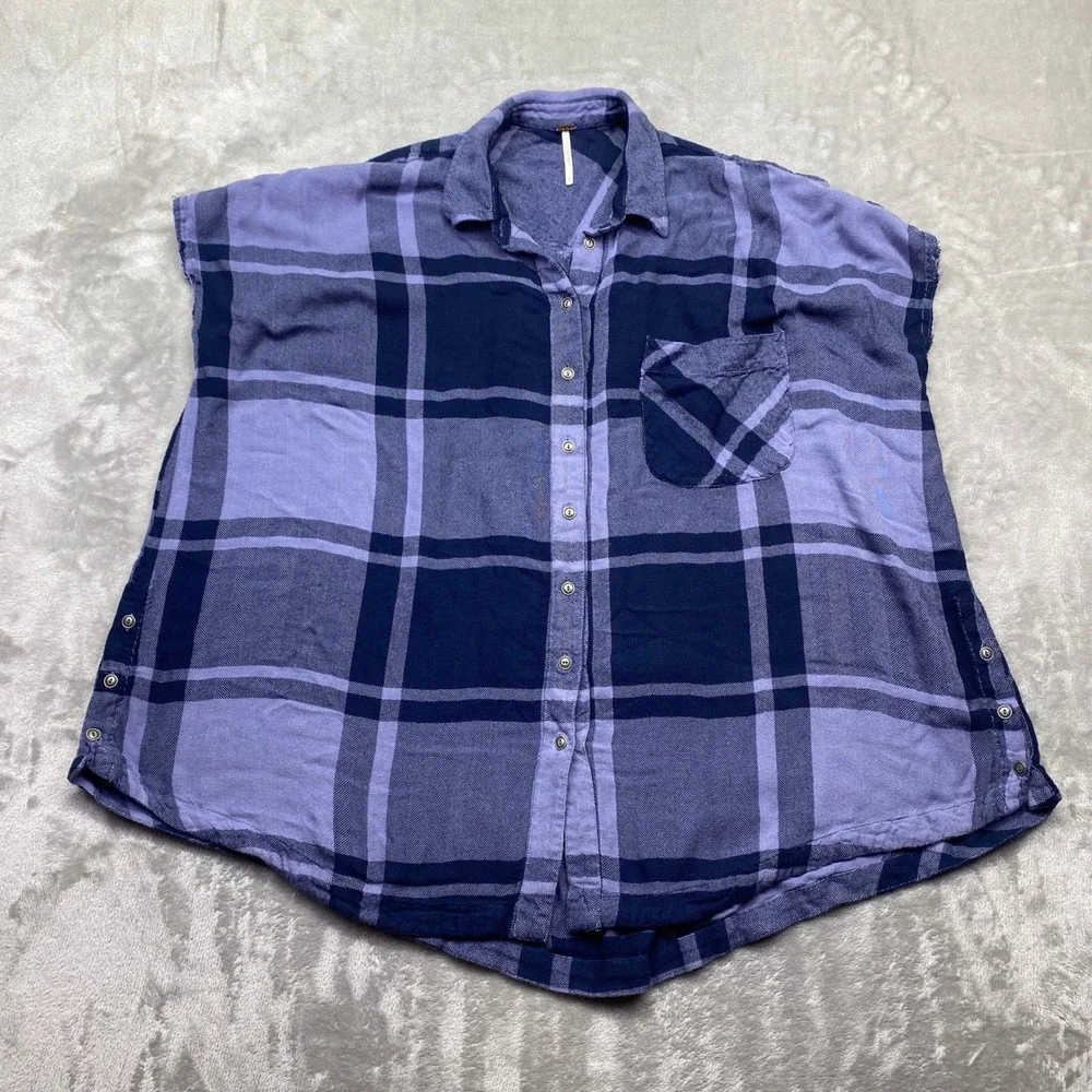 Free People‎ Blue Purple Plaid Button Down Short Sleeve Flannel Shirt S Western